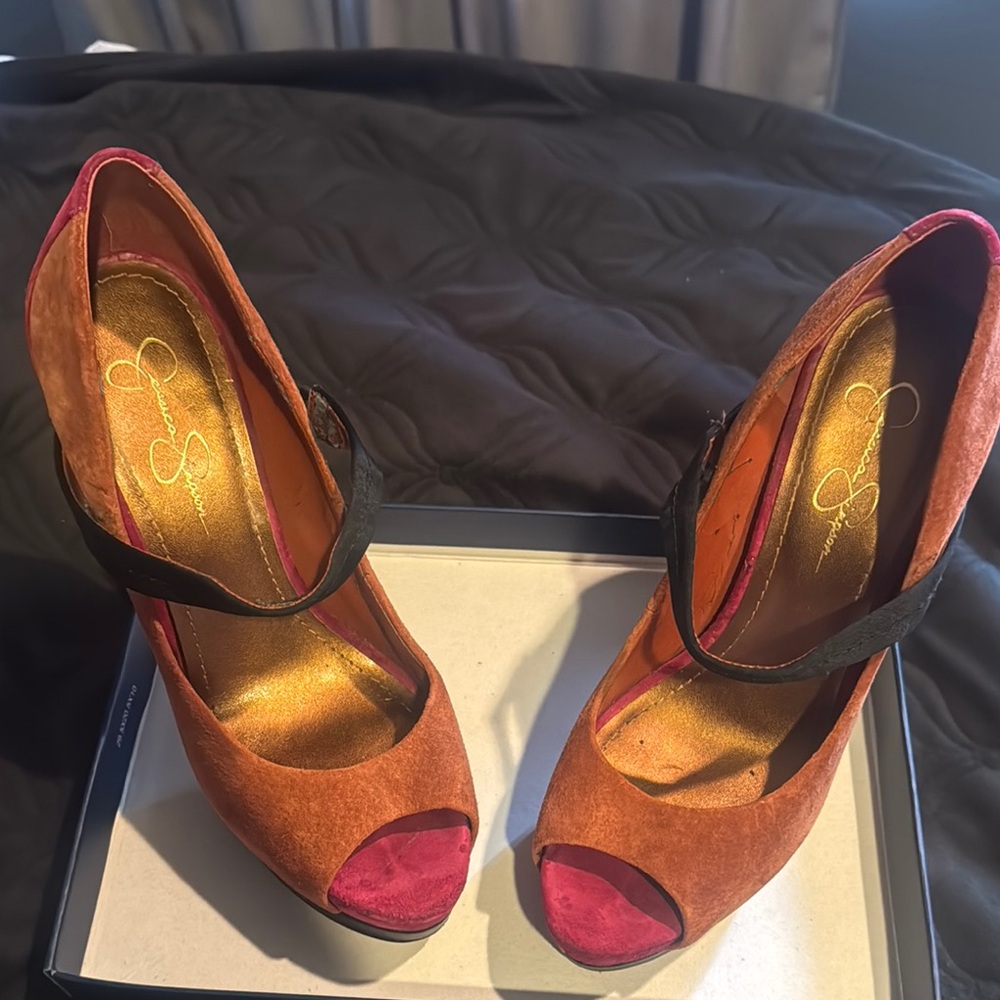 Elegant Orange and Pink Peep-Toe Heels